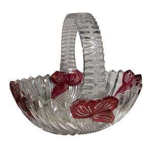 Vintage Glass Basket Clear Handle With Red Floral Accents & Textured Handle 6"